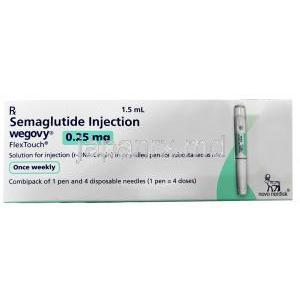 ウゴービ, セマグルチド 0.25 mg, ペン型注射 (コンビパック)  4回分, 1.5 mL, 製造元：ノボノルディスクファーマインド, 箱表面