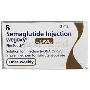 ウゴービ, セマグルチド 1 mg, ペン型注射 (コンビパック)  4回分, 3 mL, 製造元：ノボノルディスクファーマインド, 箱側面