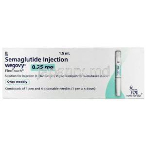 ウゴービ, セマグルチド 0.25 mg, ペン型注射 (コンビパック)  4回分, 1.5 mL, 製造元：ノボノルディスクファーマインド, 箱表面