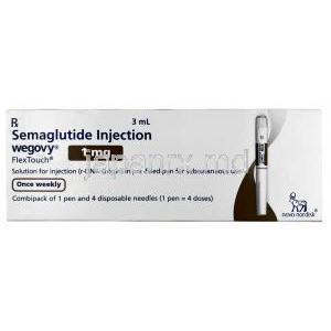 ウゴービ, セマグルチド 1 mg, ペン型注射 (コンビパック)  4回分, 3 mL, 製造元：ノボノルディスクファーマインド, 箱表面