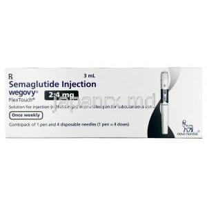 ウゴービ, セマグルチド 2.4 mg, ペン型注射 (コンビパック)  4回分, 3 mL, 製造元：ノボノルディスクファーマインド, 箱表面