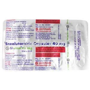 グレンザ, エンザルタミド 40 mg, 製造元：Glenmark Pharma, シート情報