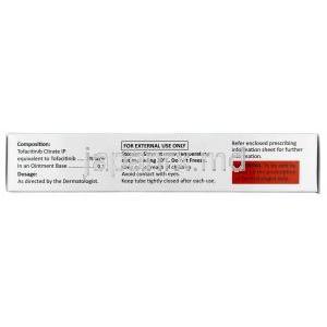 ジャクオート軟膏, トファシチニブ 2%, 軟膏 20 g, 製造元：Eris Oaknet Healthcare Pvt Ltd, 箱情報, 成分, 注意事項
