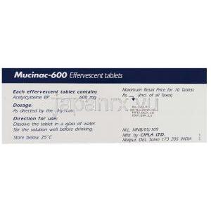 アセチルシステイン , Mucinac 600, 600MG アセチルシステイン 発泡錠 (Cipla) 箱裏面