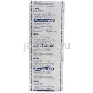 アセチルシステイン , Mucinac 600, 600MG アセチルシステイン 発泡錠 (Cipla) 包装裏面