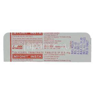 マイオニット インスタ Myonit Insta,  三硝酸グリセリン 0.5mg 錠 (Troikaa) 包装裏面
