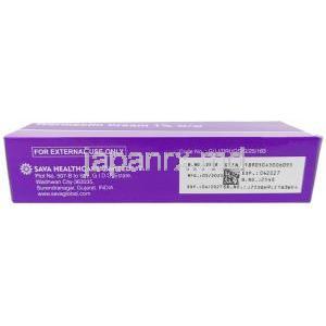 イベルメクチン クリーム, イベルメクチン 1 %, クリーム 30 g, 製造元：Sava Healthcare, 箱情報, 製造日, 消費期限