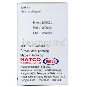 エブナット注射, メシル酸エリブリン 0.5 mg 注射バイアル 1本, 製造元：Natco Pharma, 箱情報, 製造日, 消費期限