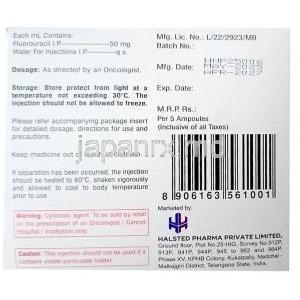 フルラステド注射, フルオロウラシル 10mLあたり 500 mg ,  アンプル５本, 製造元：Halsted Pharma Pvt Ltd, 箱情報