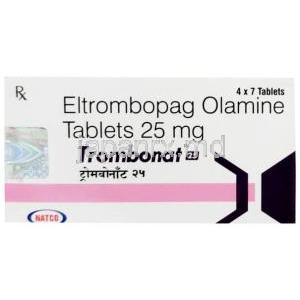 トロンボナット 25, エルトロンボパグ 25 mg, 7 錠, 製造元：Natco Pharma, 箱表面