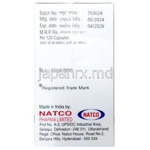 ビーナット100,メシル酸イマチニブ 100 mg,120カプセル, 製造元：Natco Pharma, 箱情報, 製造日, 消費期限