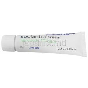 ソーラントラクリーム, イベルメクチン 1%, クリーム 30 g, 製造元：Galderma Australia, チューブ表面