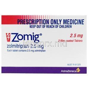 ゾーミッグ,ゾルミトリプタン 2.5mg, 2 錠, 製造元：アストラゼネカ, 箱表面
