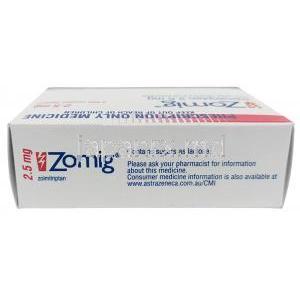 ゾーミッグ,ゾルミトリプタン 2.5mg, 2 錠, 製造元：アストラゼネカ, 箱上面