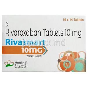 リバスマート, リバロキサバン 10 mg, 14錠, 製造元：Healing Pharma India Pvt Ltd, 箱表面