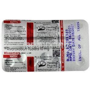 リバスマート, リバロキサバン 10 mg, 14錠, 製造元：Healing Pharma India Pvt Ltd, シート情報