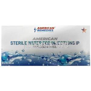 滅菌注射用水 (パイロジェンフリー) 10 mL X 5本, 製造元：American Remedies, 箱表面