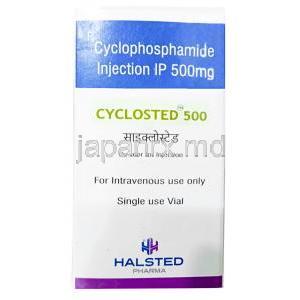 シクロステッド注射, シクロホスファミド 500 mg, 製造元：Halsted Pharma, 箱表面