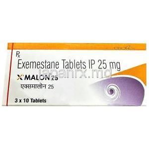 エックスマロン 25, エキセメスタン 25 mg, 製造元：Celon Laboratories Ltd, 箱表面