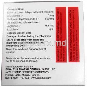 ゼノグリム MV3,グリメピリド 3 mg/ メトホルミン 500 mg/ ボグリボース 0.2 mg , 製造元：Xena Coronus Health Care Pvt Ltd, 箱情報