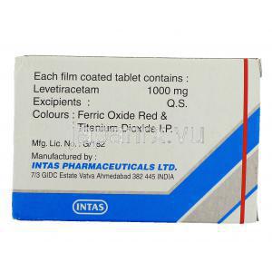 レベラ Levera, イーケプラ ジェネリック, レベチラセタム  1,000mg 錠 (Intas) 成分