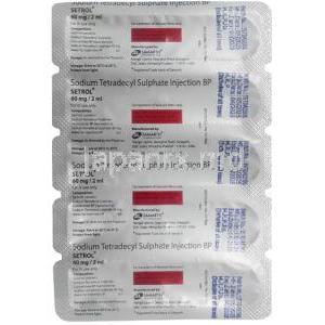 セトロール注射, テトラデシル硫酸ナトリウム3%(2mLあたり60mg ,アンプル 2mLX 5本, 製造元：Samarth Life Sciences Pvt Ltd, アンプル5本, 情報