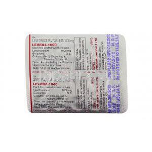レベラ Levera, イーケプラ ジェネリック, レベチラセタム  1,000mg 錠 (Intas) 包装裏面