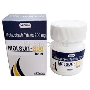 モルサン 200, モルヌピラビル 200 mg,40錠, 製造元：Sunrise Remedies, 箱, ボトル