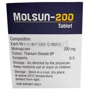 モルサン 200, モルヌピラビル 200 mg,40錠, 製造元：Sunrise Remedies, 箱情報, 成分, 保管方法