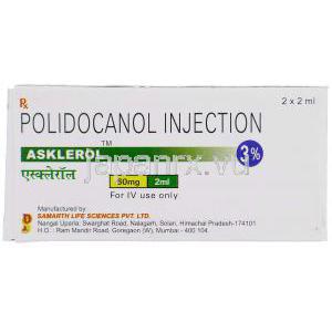アスクレロール注射,ポリドカノール 3%, 5X アンプル 2mL, 製造元：Samarth Life Sciences, 箱表面