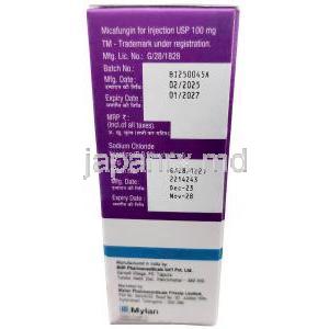 ミカラン 注射, ミカファンギン 100 mg, バイアル, 製造元：Mylan Pharmaceuticals Pvt Ltd, 箱情報, 製造日, 消費期限