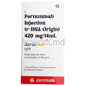 ヘルツマブ注射, ペルツズマブ 14 mLあたり420mg,バイアル 14 mL, 製造元：Glenmark Pharmaceuticals, 箱表面