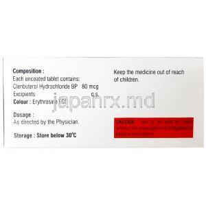 クレナッシュ 80, クレンブテロール 80 mcg, 製造元：Asher Pharmaceuticals, 箱情報, 成分, 注意事項