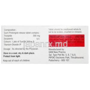 トロキシップOD, トロキシピド 300 mg, 製造元：Zuventus Healthcare Ltd, 箱情報, 成分, 注意事項