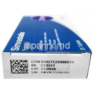 クレッセントファーマ製シンバスタチン,シンバスタチン 20mg, 製造元：Crescent Pharma, 箱情報, 消費期限