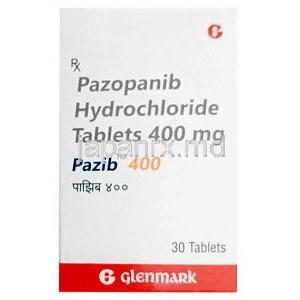 パジブ 400, パゾパニブ 400 mg, 30 錠, 製造元：Glenmark Pharmaceuticals, 箱表面