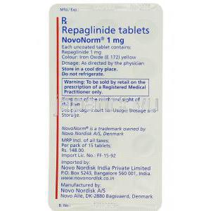 レパグリニド（シュアポスト ジェネリック）, ノボノーム Novonorm 1mg 錠 (Novo Nordisk) 包装裏面