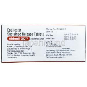 アルドニル OD, エパルレスタット 150 mg,製造元： Zydus Cadila, 箱情報, 製造日,消費期限