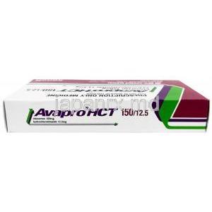 アバプロ HCT, イベルサルタン150 mg/ ヒドロクロロチアジド 12.5 mg, 製造元：ブリストル・マイヤーズ スクイブ, 箱上面