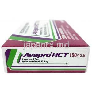 アバプロ HCT, イベルサルタン150 mg/ ヒドロクロロチアジド 12.5 mg, 製造元：ブリストル・マイヤーズ スクイブ, 箱側面-2