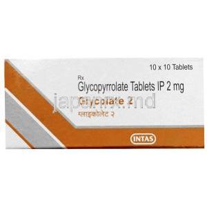 グリコレート 2, グリコピロレート 2 mg,製造元： Intas Pharmaceuticals, 箱表面