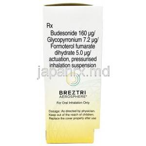 ビレーズトリ エアロスフィア, グリコピロニウム 7.2 mcg/ ホルモテロール 5 mcg/ ブデソニド 160 mcg, 120 吸入 インヘラー, 製造元：アストラゼネカ, 箱情報, 成分