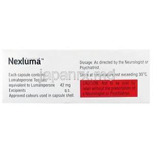 ネクスルマ, ルマテペロン 42 mg, 製造元：Sun Pharma, 箱情報, 成分, 注意事項