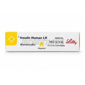 ヒューミンスリン R, インスリン 注射剤 100 IU/mL カートリッジ (イーライリリー), 箱 側面