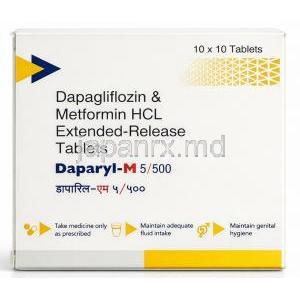 ダパリル-M, ダパグリフロジン 5mg/ メトホルミン 500mg,製造元： Intas Pharma, 箱表面