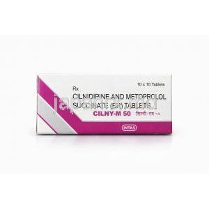 チルニーM 50, シルニジピン 10 mg/ メトプロロール 50 mg, 製造元：Intas Pharma, 箱表面