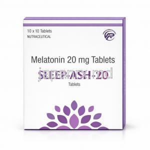 スリープアッシュ 20, メラトニン 20 mg, 製造元：Asher Pharmaceuticals, 箱表面