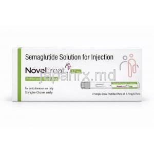 ノベルトリートペン型皮下注射, 1.7 mg/ 0.75mL  ペン型注射 (2回分), 製造元：Sun Pharma, 箱表面