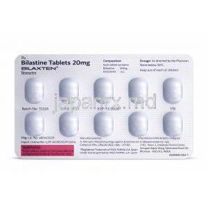 ビラクステン, ビラスチン  20 mg, 錠剤シート裏面