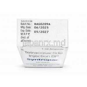 シントロパック注射, テトラコサクチド 250mcg, アンプル 1mL, 製造元：Sun Pharma, 箱情報, 製造日, 消費期限
